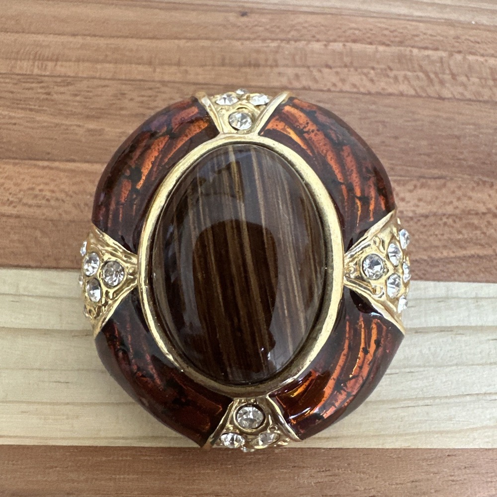 Vintage Brooch Pin 1.75‎ Inch Brown Marbled Art Glass  Clear Rhinestones Gold